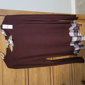 LOFT Maroon Sweater with Plaid Detail